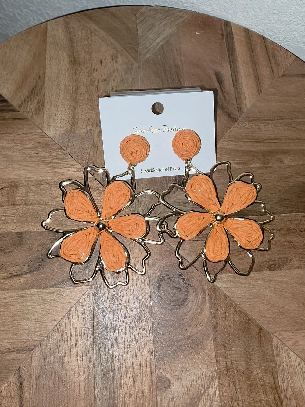 Floral Rafia With Gold-Tone Metal Accents, Drop Earrings, Orange, NWT